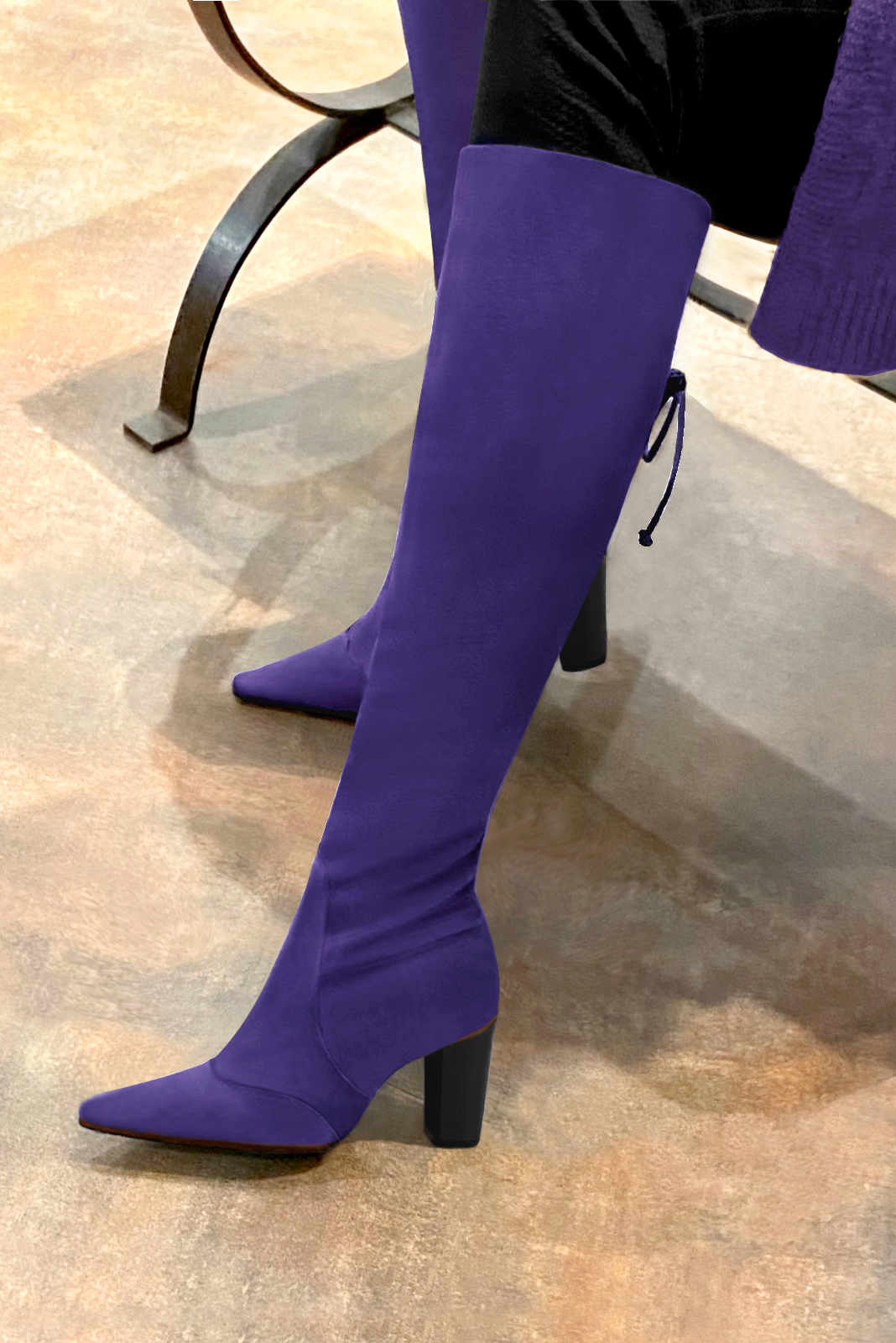 Violet purple women's knee-high boots, with laces at the back. Pointed toe. High block heels. Made to measure. Worn view - Florence KOOIJMAN